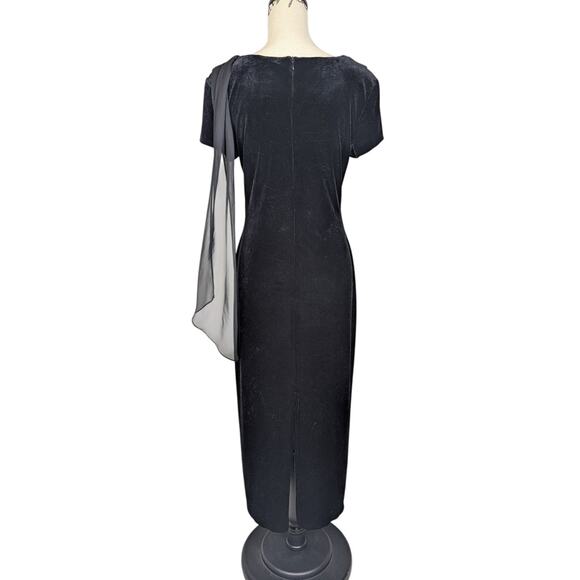 90s Vintage Velvet Short Sleeve Midi Formal Dress Gown With Chiffon Scarf Black - Picture 2 of 16